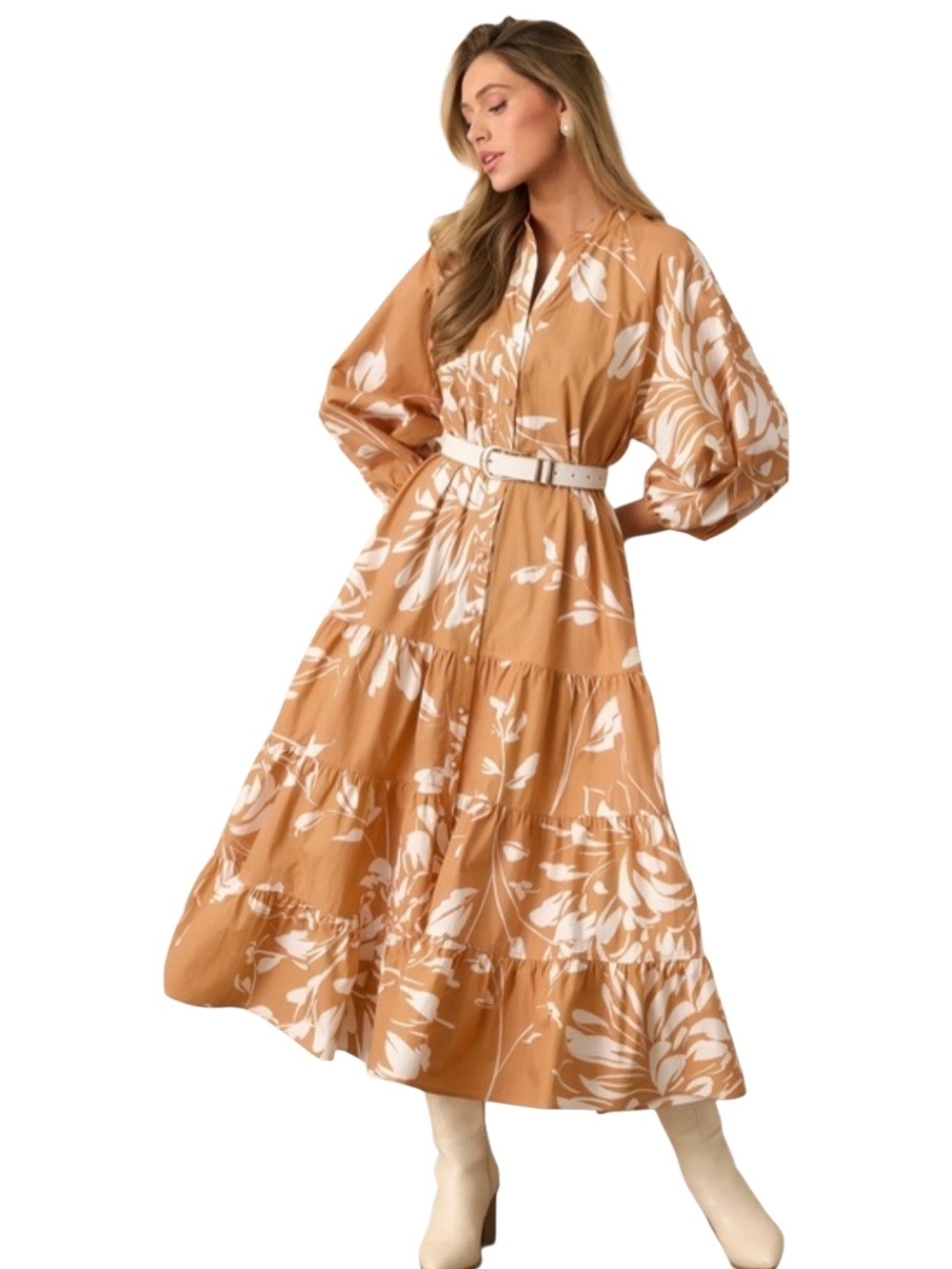 Prosperina Floral Tiered Long Sleeve Midi Dress